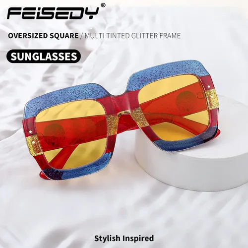 Vista 2 de Feisedy B2276 Gafas de sol cuadradas de gran tamaño con marco de brillantina multicolor