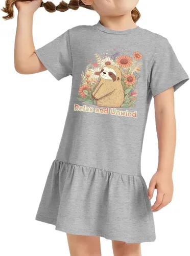 Vista 2 de Vestido de perezoso acanalado para niños pequeños, vestido de flores para niñas, vestido gráfico para niños pequeños
