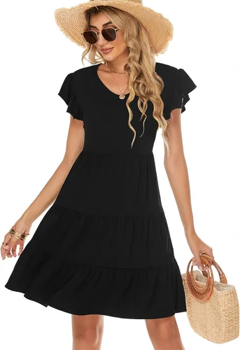 Vista 5 de Lyrur Vestidos de verano para mujer, para invitados de boda, con mangas con volantes, mini escalonados, estilo casual, playa, color negro, vestidos