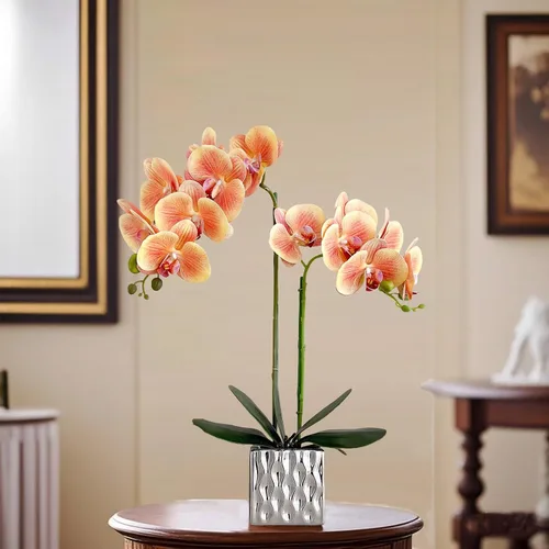 Vista 6 de Orquídeas artificiales Floreros de plata, orquídeas artificiales, orquídea naranja, altura 20 pulgadas