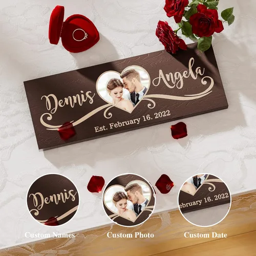 Vista 4 de Regalo de boda personalizado para recién casados, regalos para él, aniversario, placa de madera con nombre y fecha personalizados, letrero