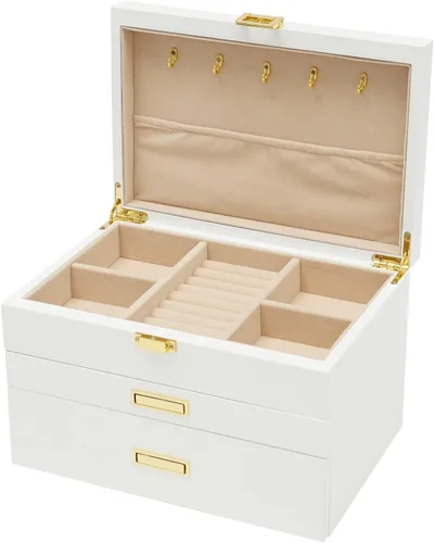 Vista 4 de LOYALHEARTDY Joyero de madera grande de 3 capas, organizador grande de joyería para mujeres, 2 cajones de almacenamiento para anillos, collares
