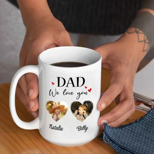 Vista 6 de Marco de fotos personalizado para niños, taza de café de regalo para papá y papá, taza de café blanca con texto en inglés "Dad We Love You", taza