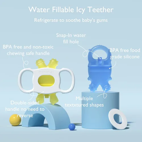 Vista 2 de Momcozy Juguetes mordedores para bebés, juguetes de dentición de silicona rellenables con agua fría para bebés, mordedor frío, mordedores de agua