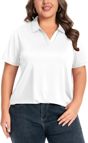 Vista 11 de Idtswch Camisa polo de manga corta con cuello en V para mujer, de secado rápido, UPF 50+, informal, para trabajo, golf, talla XL - 6XL
