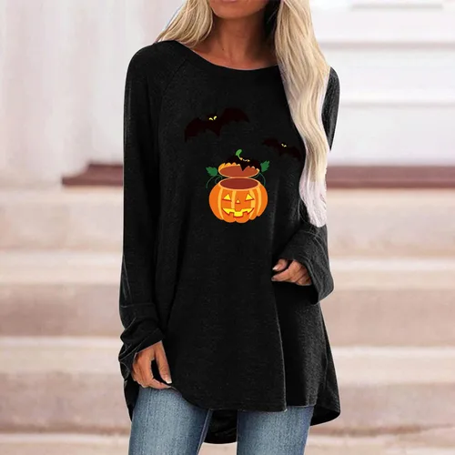 Vista 2 de UODSVP Sudaderas de Halloween para mujer estilo casual sueltas cuello redondo hombros caídos suéter de manga larga