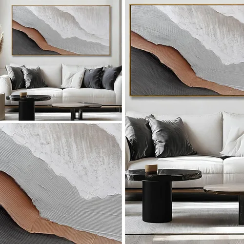 Vista 8 de Arte de pared blanco texturizado, arte abstracto gris, imágenes modernas enmarcadas grandes, pintura al óleo de paisaje ondulado, 24 x 48 pulgadas