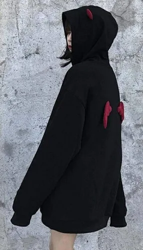 Vista 3 de Sudadera con capucha de manga larga para mujer, diseño de cuernos rojos, Negro