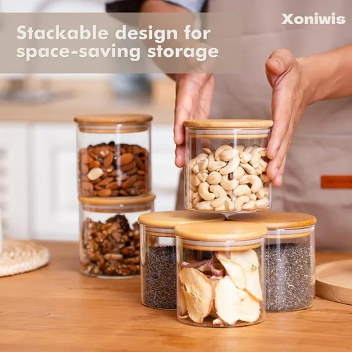 Vista 5 de Paquete de 6 tarros pequeños redondos de vidrio de 0.6 cuartos de galón con tapas de bambú Minimalist Kitchen Organizer,Pantry Storage