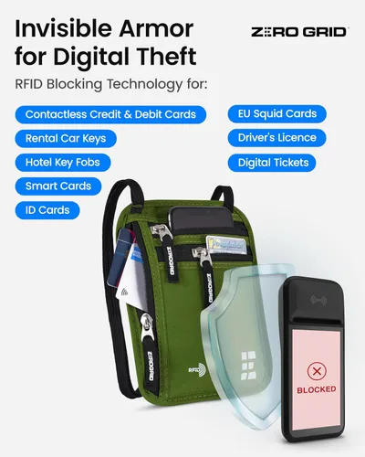 Vista 42 de Cartera para el cuello para viajes y pasaporte con bloqueo RFID, delgada y fácil de ocultar, bolsa de viaje de nailon para hombres y mujeres