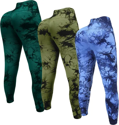 Vista 2 de OVESPORT Paquete de 3 leggings de entrenamiento de cintura alta sin costuras con teñido anudado para mujer, pantalones deportivos para yoga