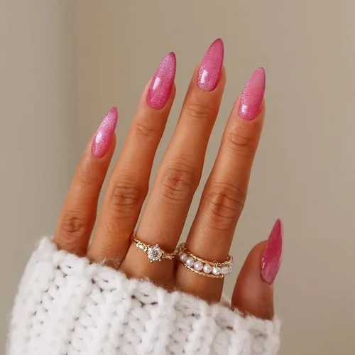 Vista 24 de Uñas postizas rojas de tamaño mediano en forma de almendra, uñas acrílicas brillantes con diseño de purpurina, uñas artificiales de cobertura a001