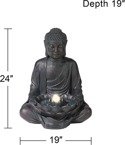 Vista 4 de Buda meditando de 24" de alto, fuente de piso de resina grande Zen Asiático para interiores y exteriores con luz LED, fuente de burbujas de agua
