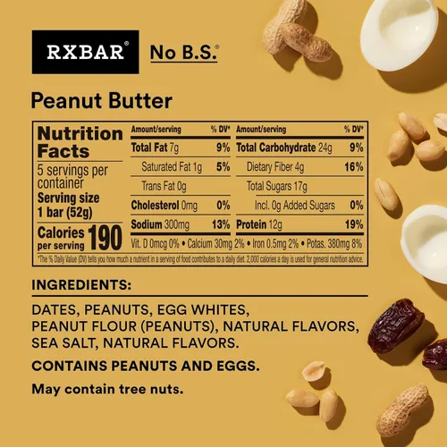 Vista 2 de RXBAR Barras de proteínas, 0.44 oz de proteína, aperitivos sin gluten, mantequilla de maní (6 cajas, 30 barras)