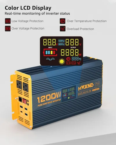 Vista 3 de Inversor de Potencia de Onda Sinusoidal Pura de 1200 Vatios DC 12V a 110V AC Convertidor con Dos Salidas de CA, Puertos USB de Carga Rápida