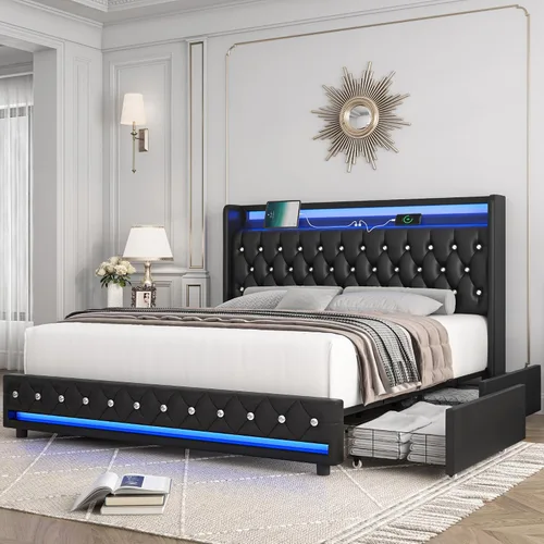 Vista 16 de HIFIT Marco de cama tapizada tamaño individual LED con cabecera de estación de carga y 4 cajones de almacenamiento, marcos de cama de plataforma