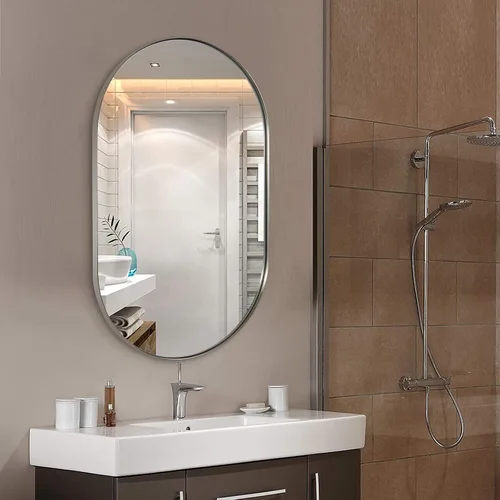 Vista 12 de ANDY STAR Espejo ovalado de 24x32 pulgadas, espejo ovalado negro de diseño en forma de píldora en marco de metal de acero inoxidable para baño