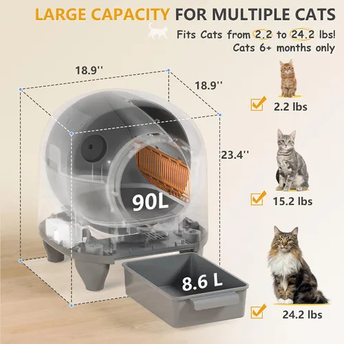Vista 7 de WARCAT - Caja de arena autolimpiante automática, 90 L, caja de arena automática para gatos para múltiples gatos, controlada por aplicación con Gris