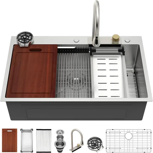 Vista 31 de Sarlai - Fregadero de cocina de cascada de 31 pulgadas, de montaje superior - 31x20 Fregadero de cocina con borde y estación de trabajo, de acero