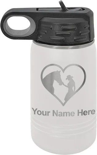 Vista 11 de LaserGram Botella de agua personalizada, corazón de vaquera de caballo, acero inoxidable de doble pared aislada al vacío con popote superior, regalo