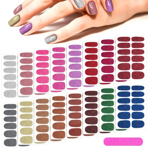 Vista 9 de Maitys 192 piezas de 16 hojas de esmalte de uñas con purpurina, tiras autoadhesivas de brillo de color sólido, calcomanías de envoltura completa