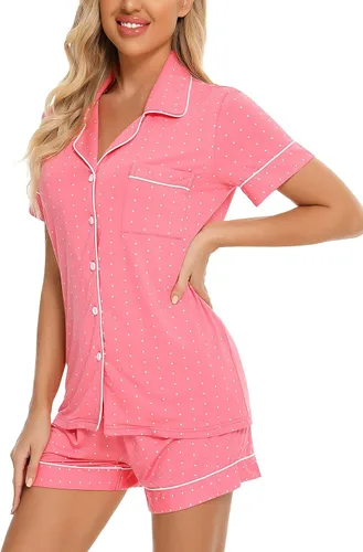 Vista 3 de Senert Conjunto de pijama para mujer, de manga corta, suave, con botones, ropa de noche, tallas S-XXL