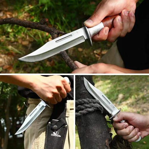 Vista 8 de Mossy Oak Cuchillo Bowie de hoja fija, cuchillo de caza de 2 piezas con mango de cuero con patrón láser, funda incluida