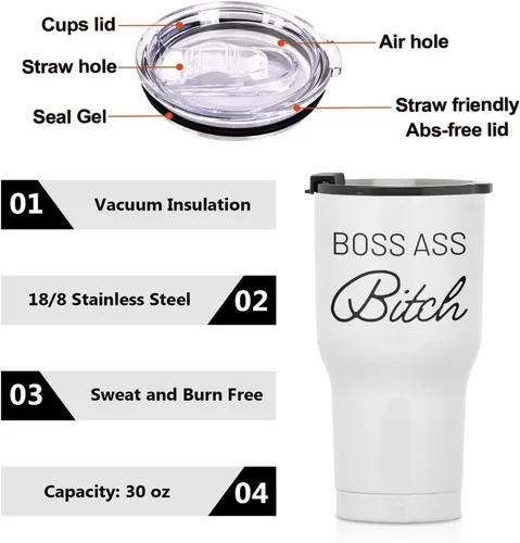 Vista 7 de Boss Ass Bitch - Vaso de viaje de acero inoxidable de 30 onzas, regalo de empoderamiento para mujeres, vaso de café aislado