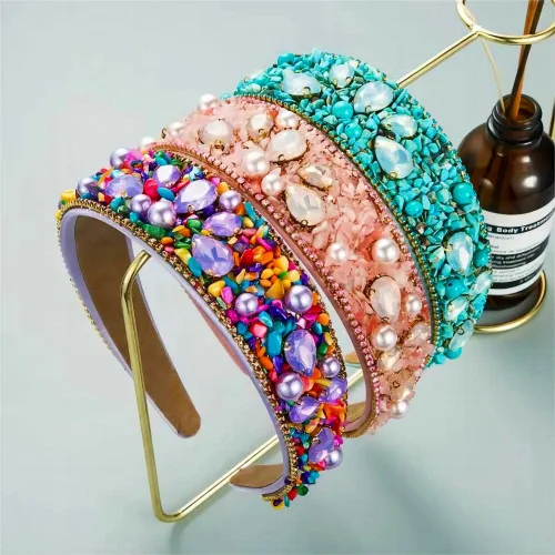 Vista 4 de Diademas turquesa para mujeres y niñas, banda ancha antideslizante para la cabeza, bandas para la cabeza con nudo superior, diadema de perlas de Azul