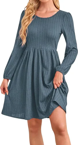 Vista 10 de Zaswen Vestido casual de punto para mujer, cuello redondo, manga larga, acampanado, vestidos de color sólido con bolsillos para primavera y otoño