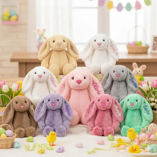 Vista 2 de TNYKER Conejito de Pascua personalizado para bebés, con nombre personalizado, conejito de peluche con orejas largas con monograma, muñeca de conejo