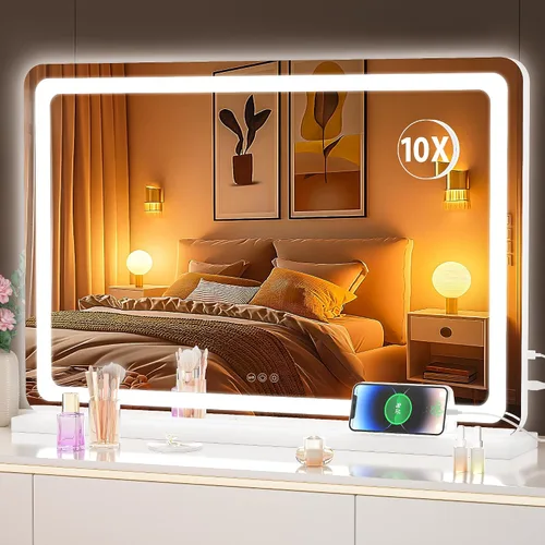 Vista 47 de Hasipu Espejo de tocador con luces, espejo LED de maquillaje de 31.5 x 22 pulgadas, espejo de maquillaje iluminado con 3 modos regulables, espejo