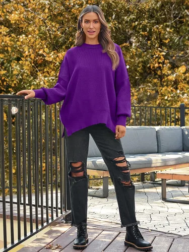 Vista 219 de Lillusory - Suéter extragrande con mangas de murciélago y cuello redondo para mujer, prenda moderna de otoño de tejido de punto sin botones
