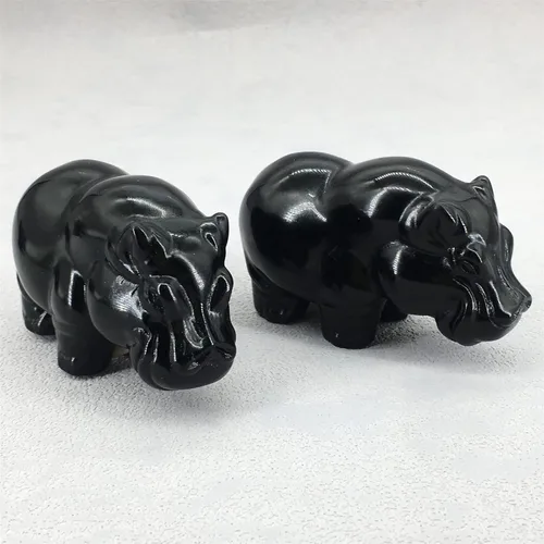 Vista 2 de Figura decorativa de hipopótamo tallada a mano de 3 pulgadas, cristal curativo de hipopótamo, obsidiana negra natural, hipopótamo, animal, figura