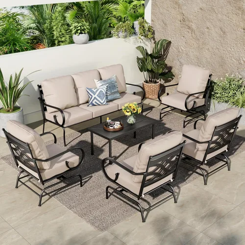 Vista 10 de PHI VILLA Juego de 2 sillas mecedoras para patio al aire libre, sillones metálicos para patio, sofás resistentes para exteriores con cojines de 5.5