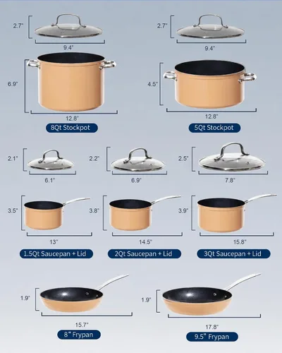 Vista 9 de Nuwave - Juego de 12 utensilios de cocina forjados y ligeros, revestimiento ultra antiadherente de cerámica Duralon G10 saludable, tapas de vidrio