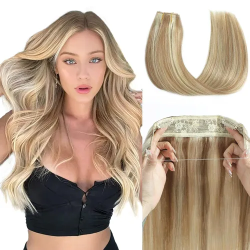 Vista 20 de Tinashe Extensiones de cabello humano real con alambre, lacio, 12 pulgadas, 2.47 onzas, rubio claro, con reflejos rubio dorado, extensiones