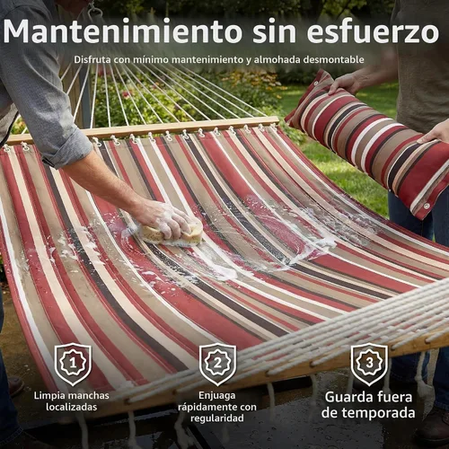 Vista 5 de Sunnydaze - Hamaca doble acolchada para exterior con almohada, toldo a Awning Stripe