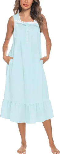 Vista 29 de YOZLY Camisones de algodón para mujer con bordado, sin mangas, con bolsillos S-XXXL