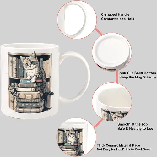 Vista 6 de Taza divertida para amantes de los gatos, tazas de biblioteca para amantes de los gatos y los libros, taza de libros y gatos, artículos