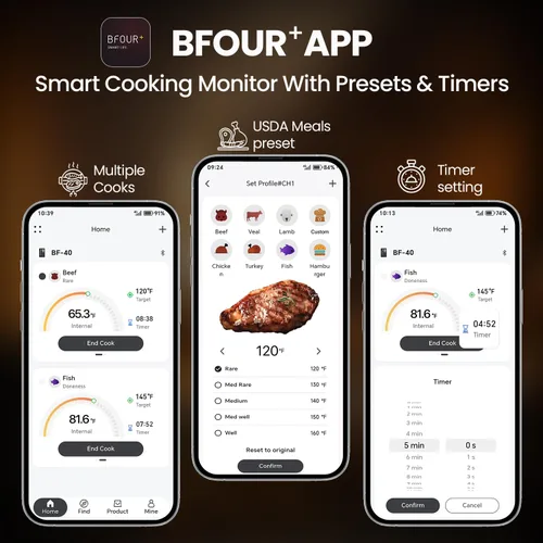 Vista 9 de BFOUR Termómetro digital inalámbrico para carne con 2 sondas impermeables mejoradas, termómetro Bluetooth para barbacoa inalámbrico con pantalla