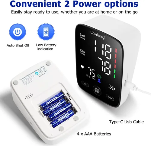 Vista 4 de CareLiving Monitor de presión arterial, monitores de presión arterial superior del brazo para uso doméstico, memoria de lecturas de 2 x 199, puño