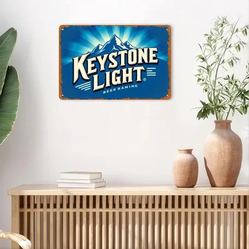 Vista 2 de Keystone Light - Letrero de lata de cerveza vintage para cervecería publicitaria, letrero de metal estampado estético para jardín, patio, bar