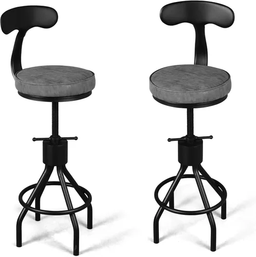 Vista 10 de Juego de 2 taburetes de bar industriales con respaldo de 23 a 33 pulgadas, asiento giratorio de madera, isla de cocina, comedor, taburete