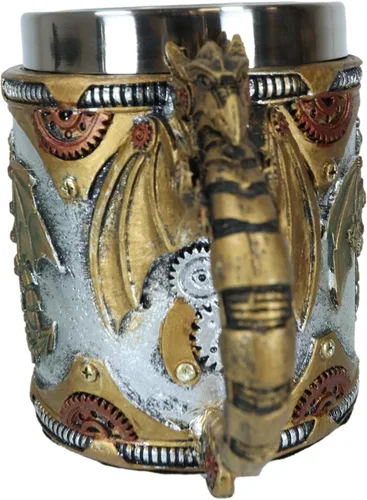 Vista 4 de Ebros Gift Fantasía Golden Steampunk Cyborg Dragón robótico en viaje a la luna Cerveza Stein Tankard Taza de café Calabozos y Dragones Victoriano