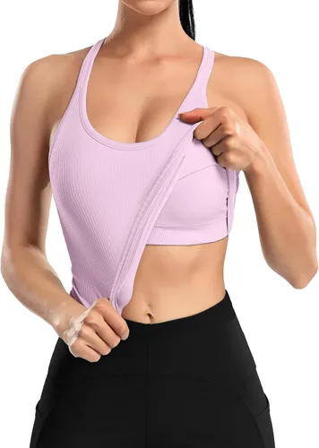 Vista 123 de ATTRACO Camiseta corta acanalada de entrenamiento para mujer con brasier integrado para yoga, espalda cruzada, ajuste ajustado