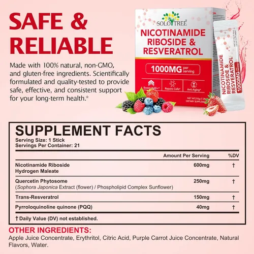 Vista 5 de Suplemento NAD+ 1000 mg paquetes líquidos 21 piezas, resveratrol de ribósido de nicotinamida, suplementos NAD para mujeres y hombres