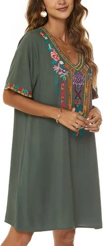 Vista 3 de Grosy Vestidos campesinos mexicanos bordados para mujer, vestido bohemio de fiesta de talla grande para mujer, túnica bohemia floral tradicional
