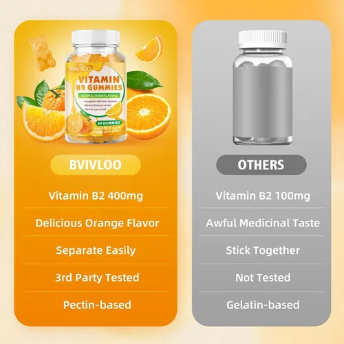 Vista 5 de Gomitas de vitamina B2 – Riboflavina de 400 mg para niños y adultos, alivio de la migraña y alivio del dolor de cabeza, veganas, sin azúcar, sabor