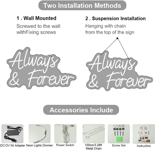 Vista 5 de Letreros de neón con texto en inglés «Always and Forever» para decoración de pared, de compromiso, de neón, para boda, propuesta, aniversario